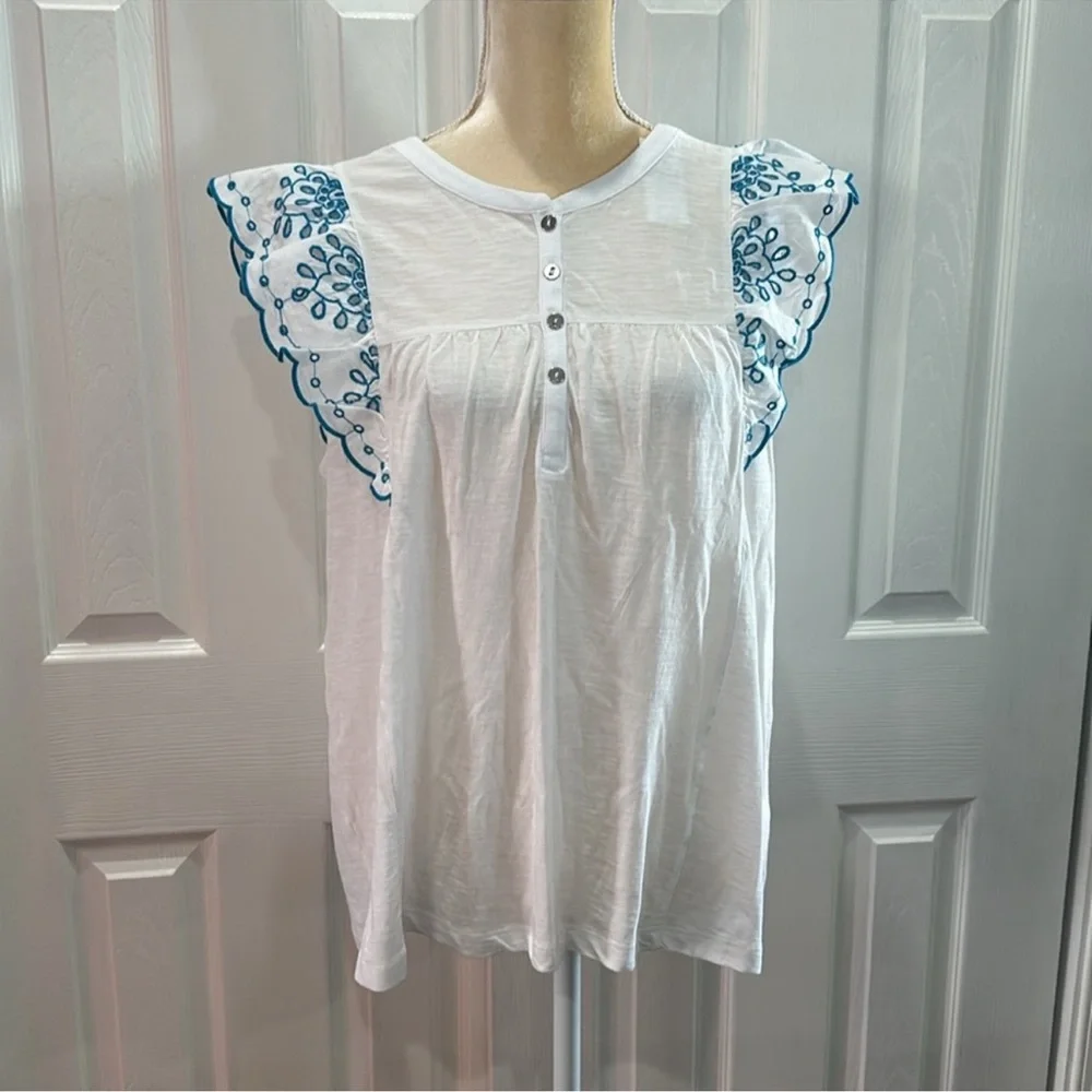NWOT Loft Eyelet Flutter Henley White/Blue Mixed Media Top  size XL - Picture 2 of 6